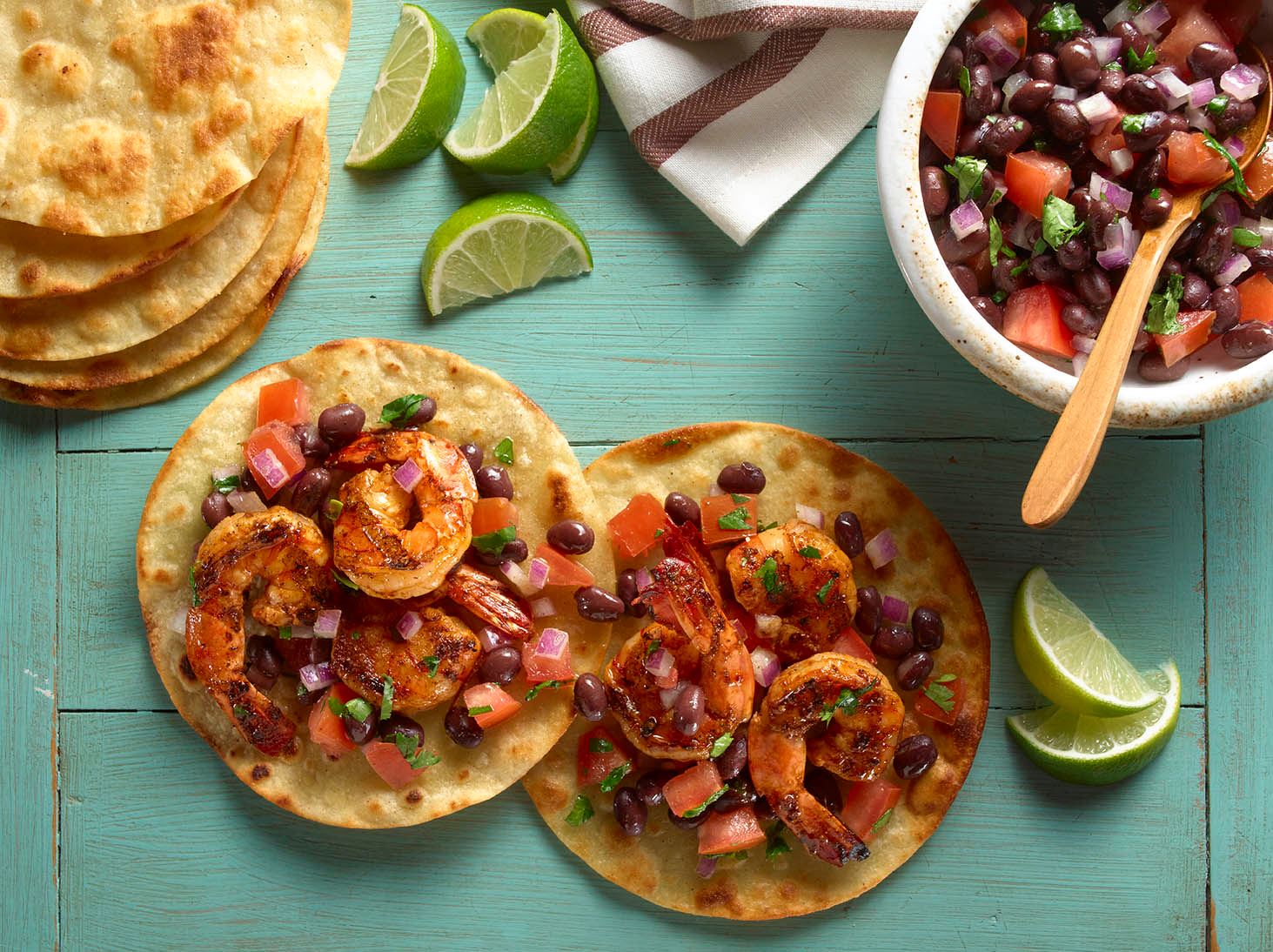 Tostadas with Black Bean Salsa and Shrimp