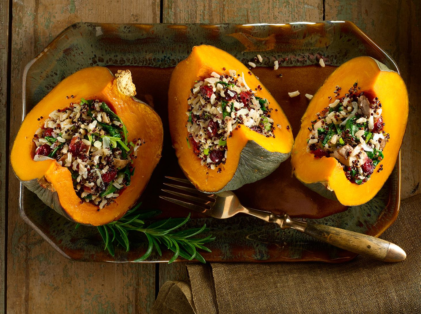 Quinoa and Mushroom Stuffed Squash with Kale